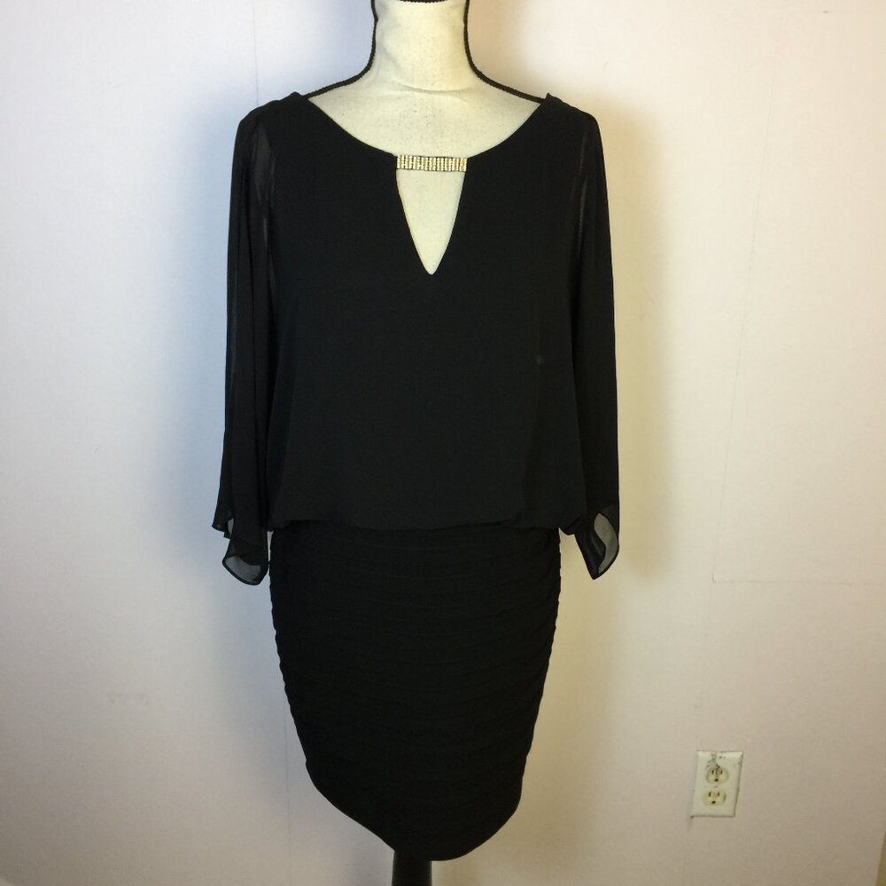 New! Cache Mini Blouson Cocktail Dress Size 8 Womans Black Slit Sheer Sleeve
